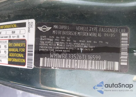 2006 Mini Cooper S z USA, uszkodzony, nr VIN WMWRE33526TL16599